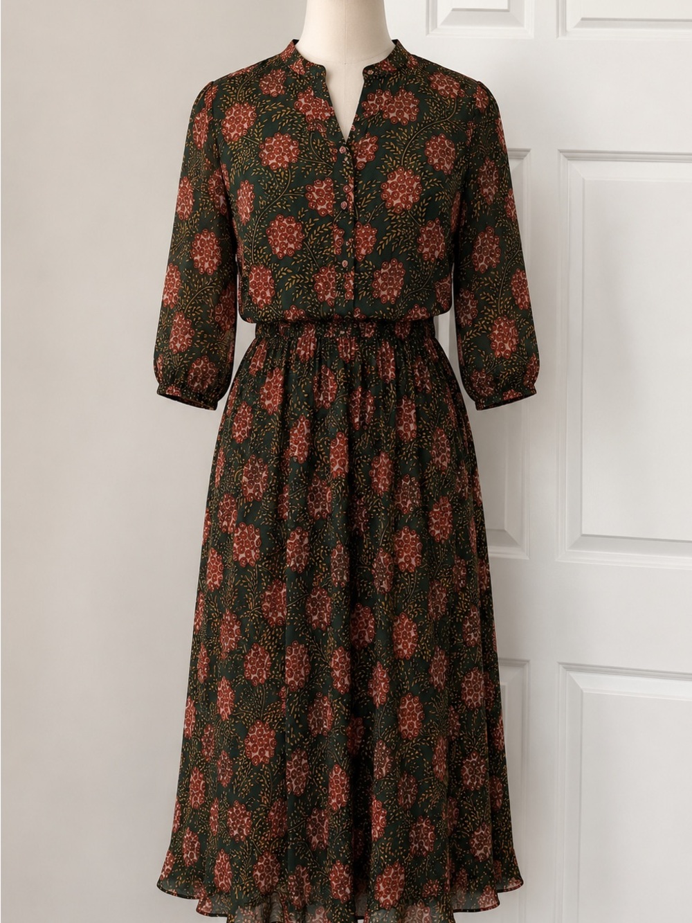 eshakti Olive Green Midi Dress with Rust Floral Print - Picture 1 of 4